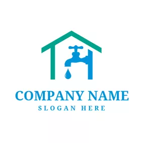 House Logo Green House and Blue Water Faucet logo design