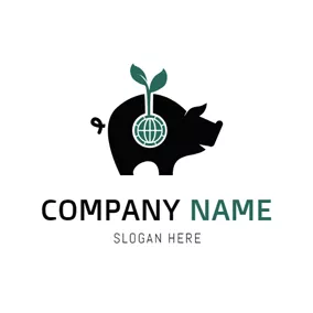 ブタ　ロゴ Green Leaf and Black Pig logo design