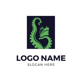 海怪 Logo Green Steamship and Kraken logo design