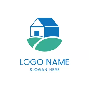 村庄logo Green Surrounding and Blue House logo design