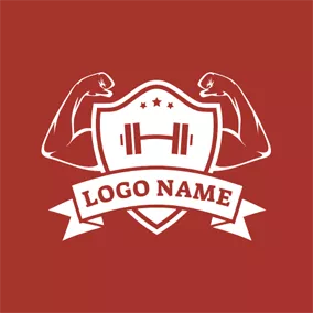 エクササイズのロゴ Muscle Badge and White Banner logo design