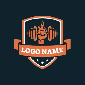 力量 Logo Orange Badge and Dumbbell logo design