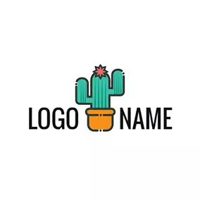 Emblem Logo Orange Flowerpot and Green Cactus logo design