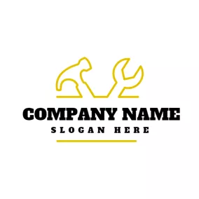 ハンマー　ロゴ Outlined Yellow Hammer and Spanner logo design