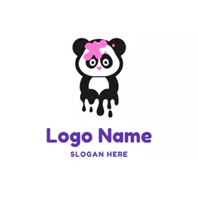 パンダのロゴ Pink Flower and Cute Panda logo design