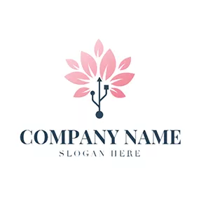 Network Logo Pink Flower and Usb Icon logo design