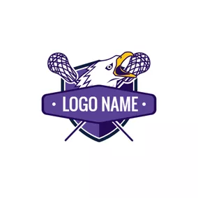 Hockey Logo Purple Shield and Lacrosse Stick logo design