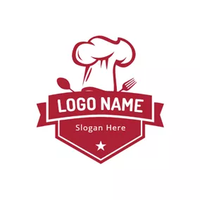 料理のロゴ Red Banner and Chef Cap logo design
