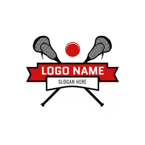 曲棍球 Logo Red Banner and Cross Lacrosse Stick logo design