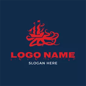 鱿鱼 Logo Red Sailboat and Kraken logo design