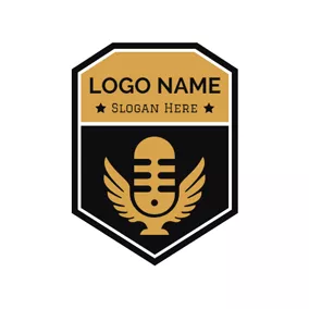 ポッドキャストロゴ Retro Badge and Yellow Microphone logo design