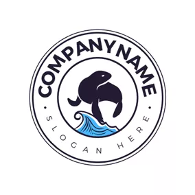 水族館のロゴ Sea Wave and Swimming Seal logo design