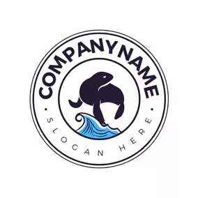 Emblem Logo Sea Wave and Swimming Seal logo design