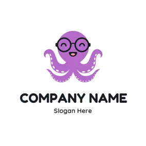 章魚 Logo Smiling Cute Octopus and Glasses logo design