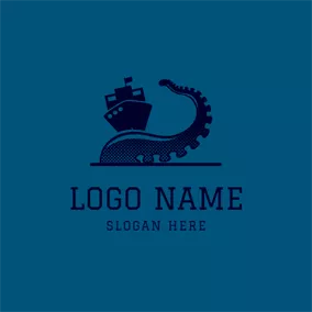 海怪 Logo Steamship and Kraken Tail logo design