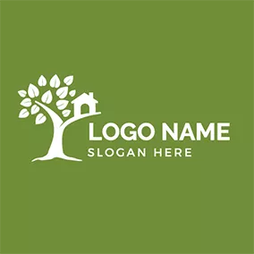 Green Logo Tree Leaves House Treehouse logo design