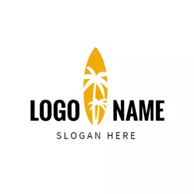 Logótipo De Coco White Coconut Palm and Yellow Surfboard logo design