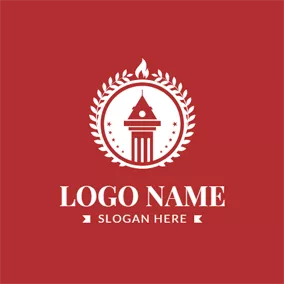 Flame Logo Wreath Encircled Bell Tower and Flame logo design