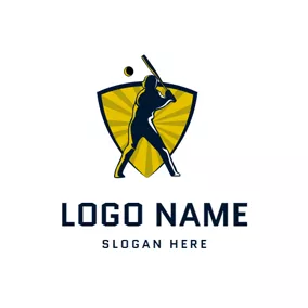 野球のロゴ Yellow Badge and Baseball Player logo design