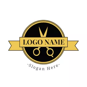 剪刀logo Yellow Banner and Scissor logo design