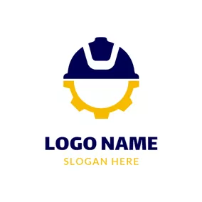 机械logo Yellow Gear and Blue Safety Helmet logo design