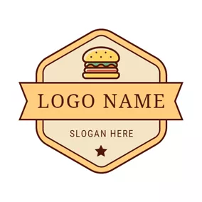 ファーストフードロゴ Yellow Signboard and Colorful Hamburger logo design