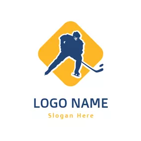 ホッケーロゴ Yellow Square and Blue Hockey Player logo design