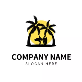 Coconut Logo Yellow Sun and Black Surfer logo design