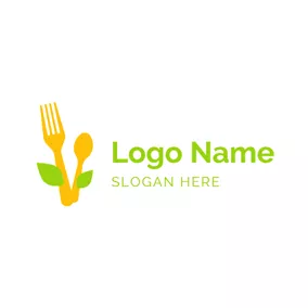 Cutlery Logo Yellow Tableware and Green Leaf logo design